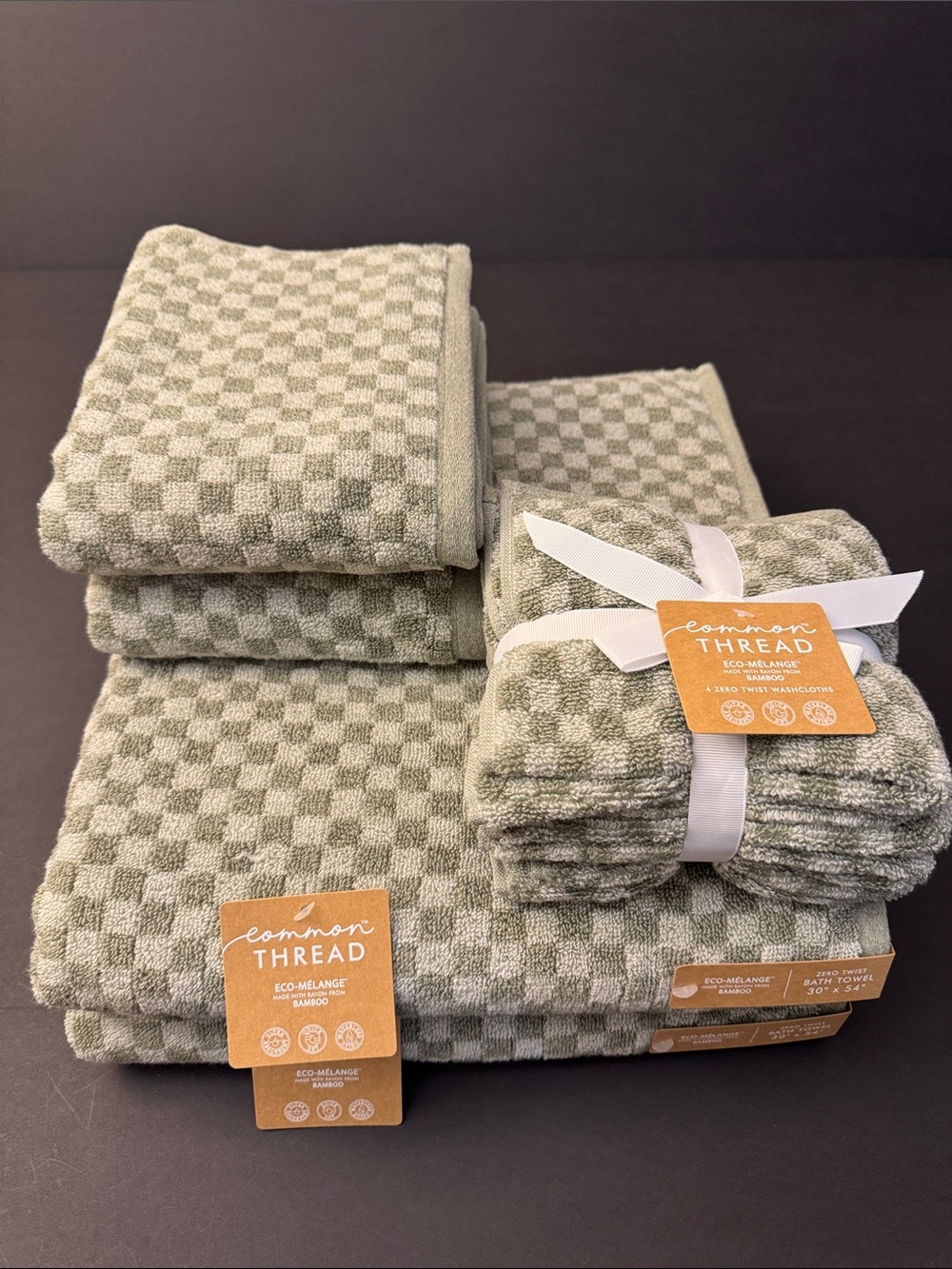 8pc COMMON THREAD Eco-Melange Bamboo Checkered Bath Towel Set - Seaweed